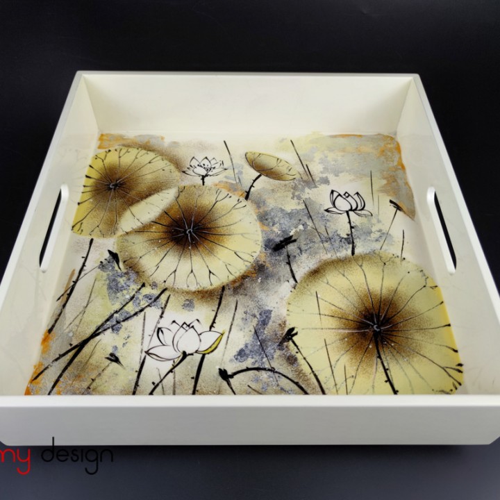 Cream square lacquer tray hand-painted with lotus 32*H9 cm